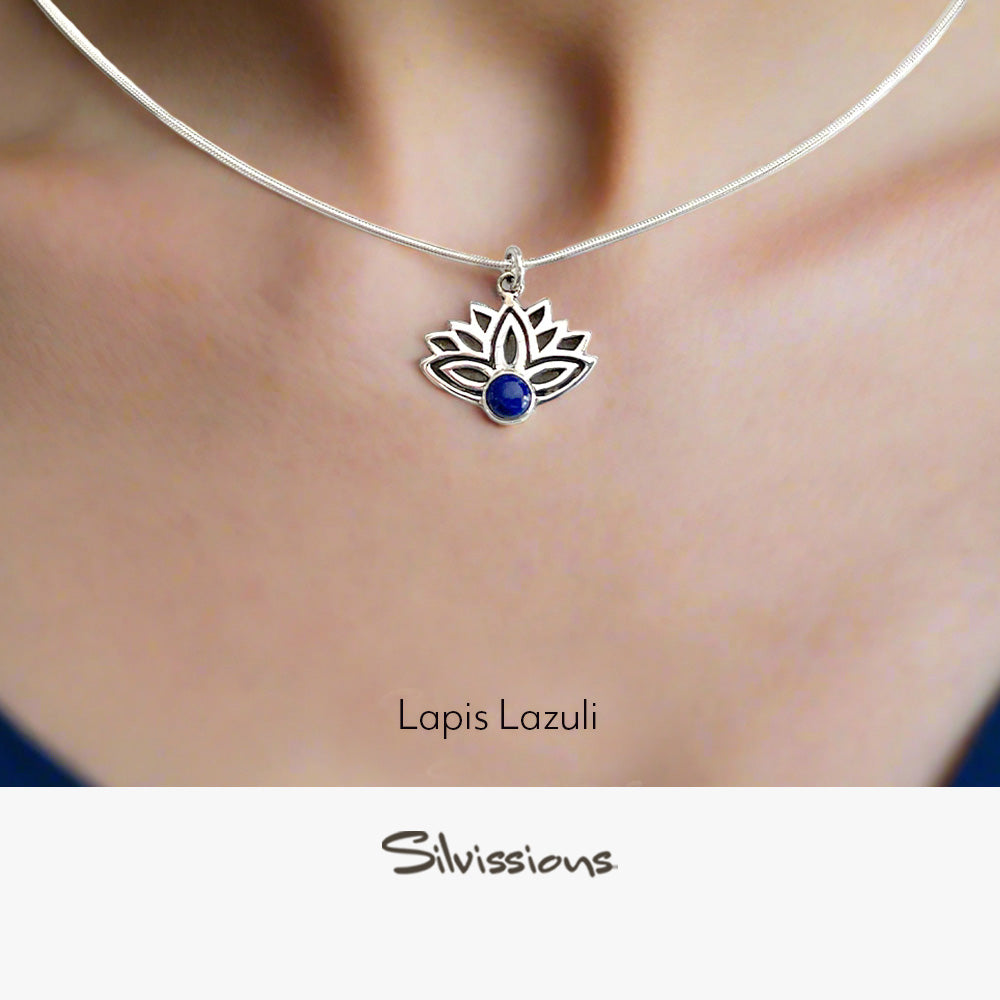 Necklace with a lotus flower pendant featuring lapis lazuli stone on a model, branded 'Silvissions'.