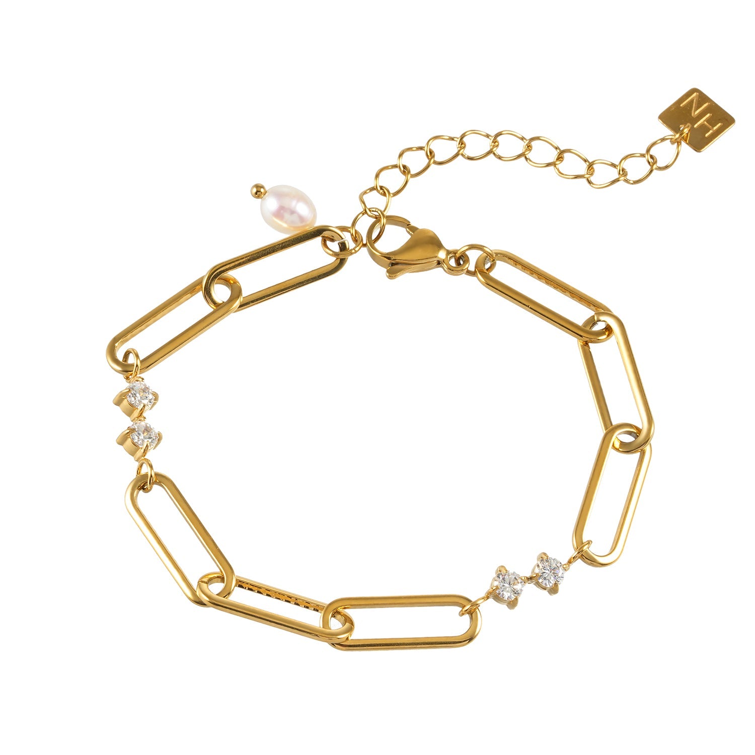 Gold bracelet with chain links and decorative charms on a white background