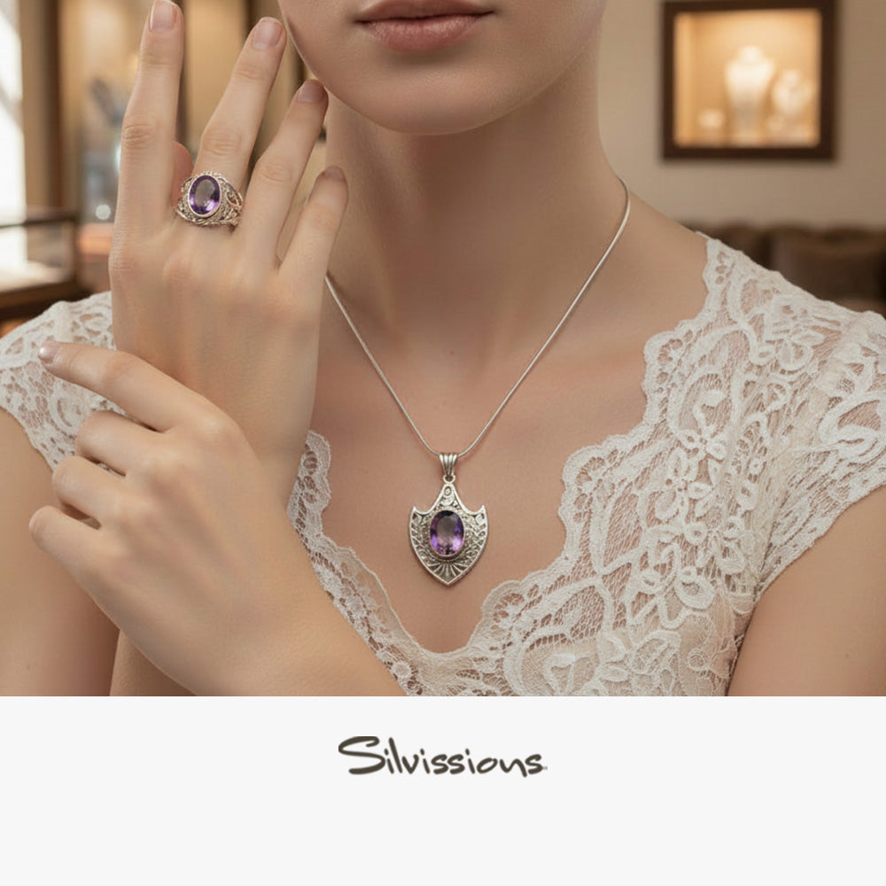アクセサリー Pure silver set ring and necklace Amethyst ring and necklace set in silver silver – Silvissions Jewelry