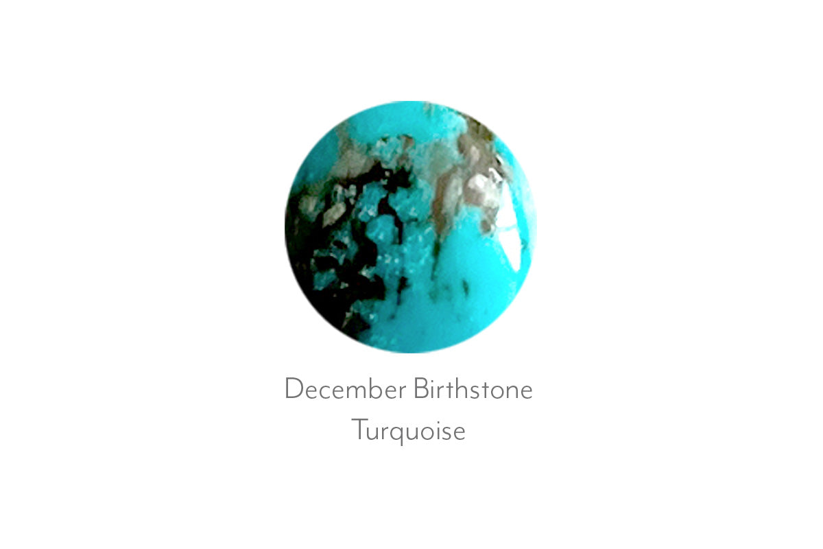 Turquoise gemstone with 'December Birthstone' text on a white background
