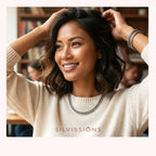 Woman adjusting her hair with a blurred background and 'Silviissions' branding.