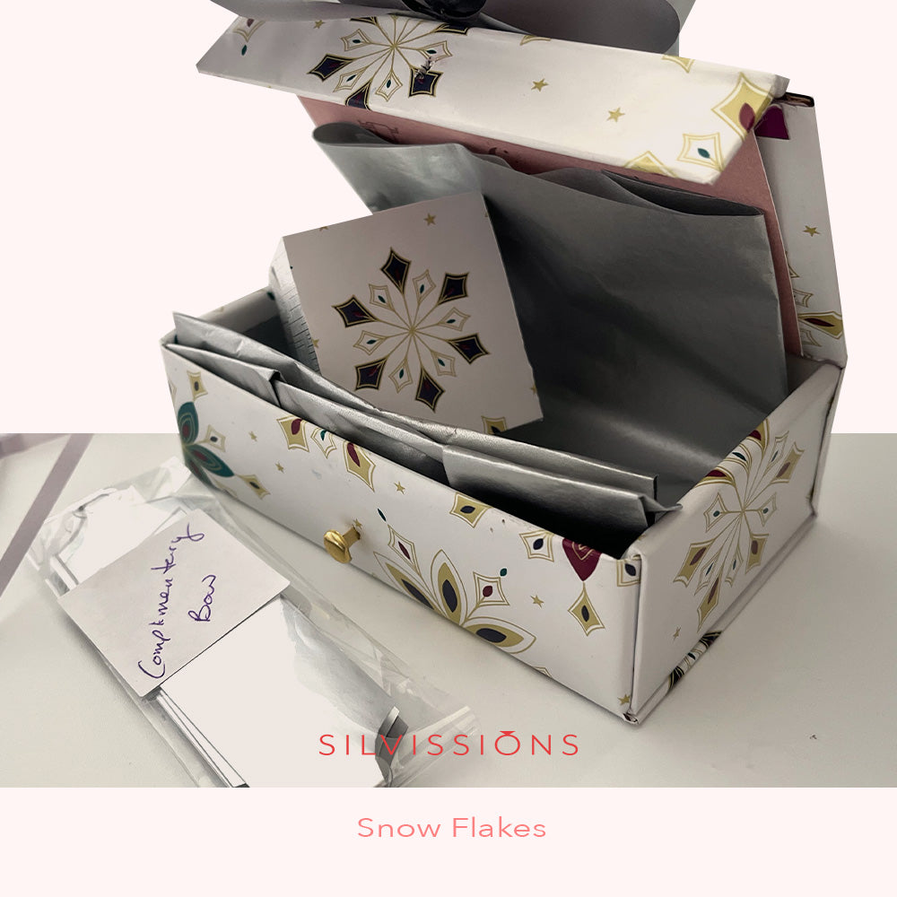 An open decorative gift box with a white exterior patterned with gold, black, and pink snowflake motifs, filled with silver envelopes and a small card. A clear plastic bag with a handwritten note lies beside it on a light surface.