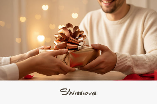 Two people exchanging a gift with a warm, blurred background and 'Silviissions' branding.