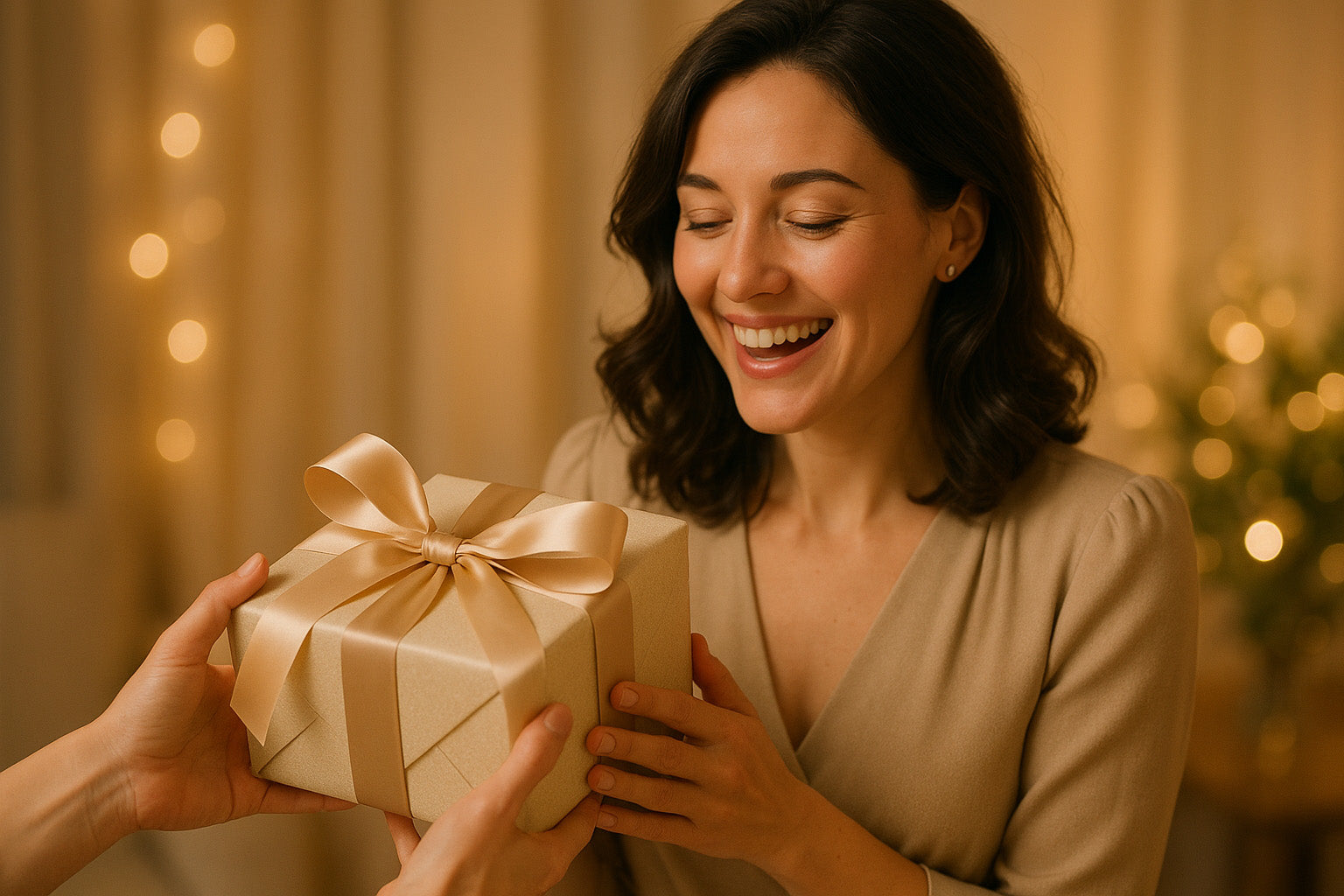 Woman receiving a gift with a beige ribbon in a warm, indoor setting.