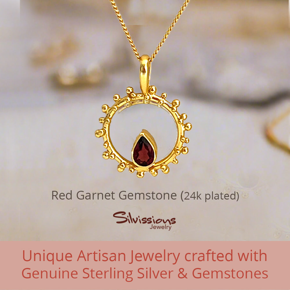 Handcrafted Gold Plated Necklace with Red Garnet Gemstone Pendant