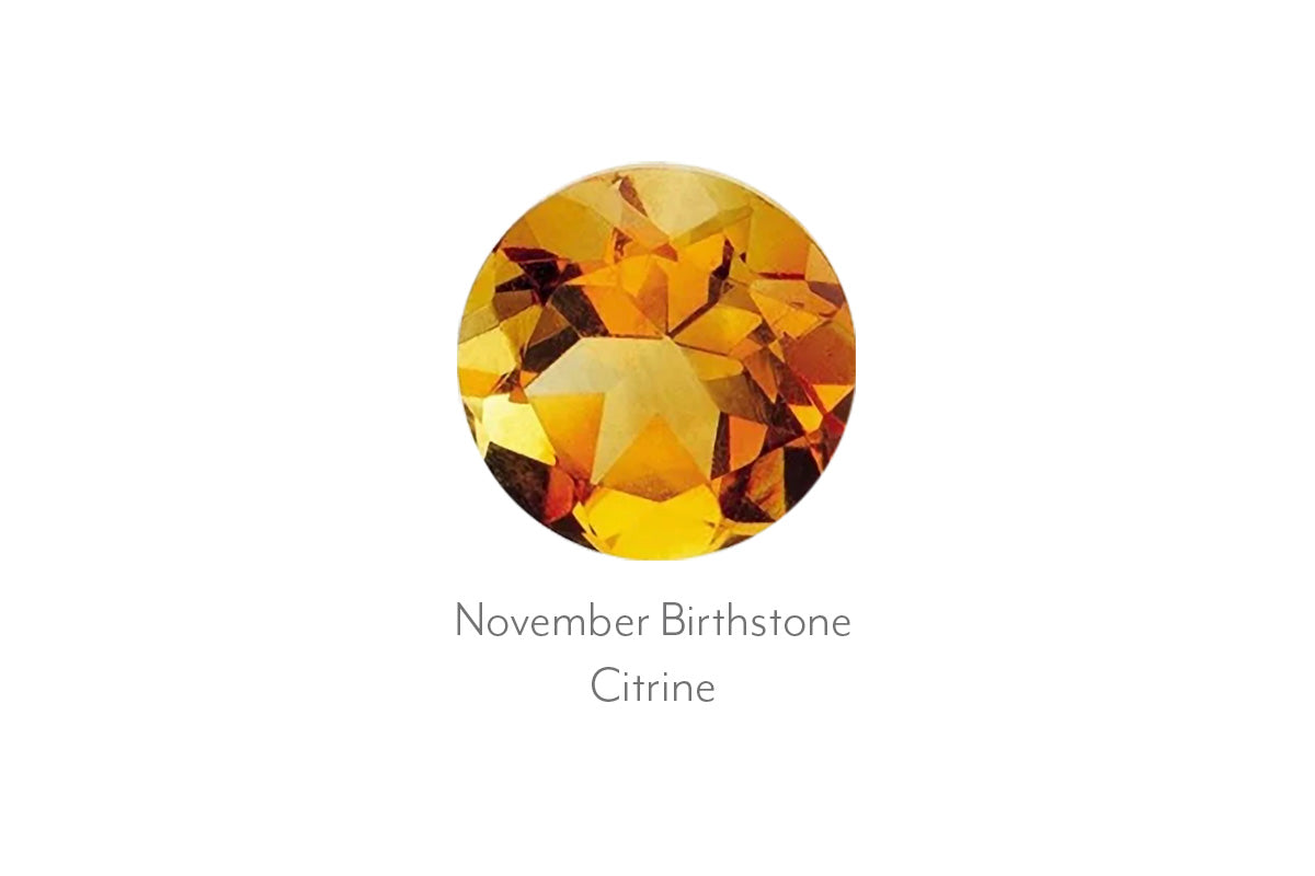 Round citrine gemstone on a white background with 'November Birthstone Citrine' text.