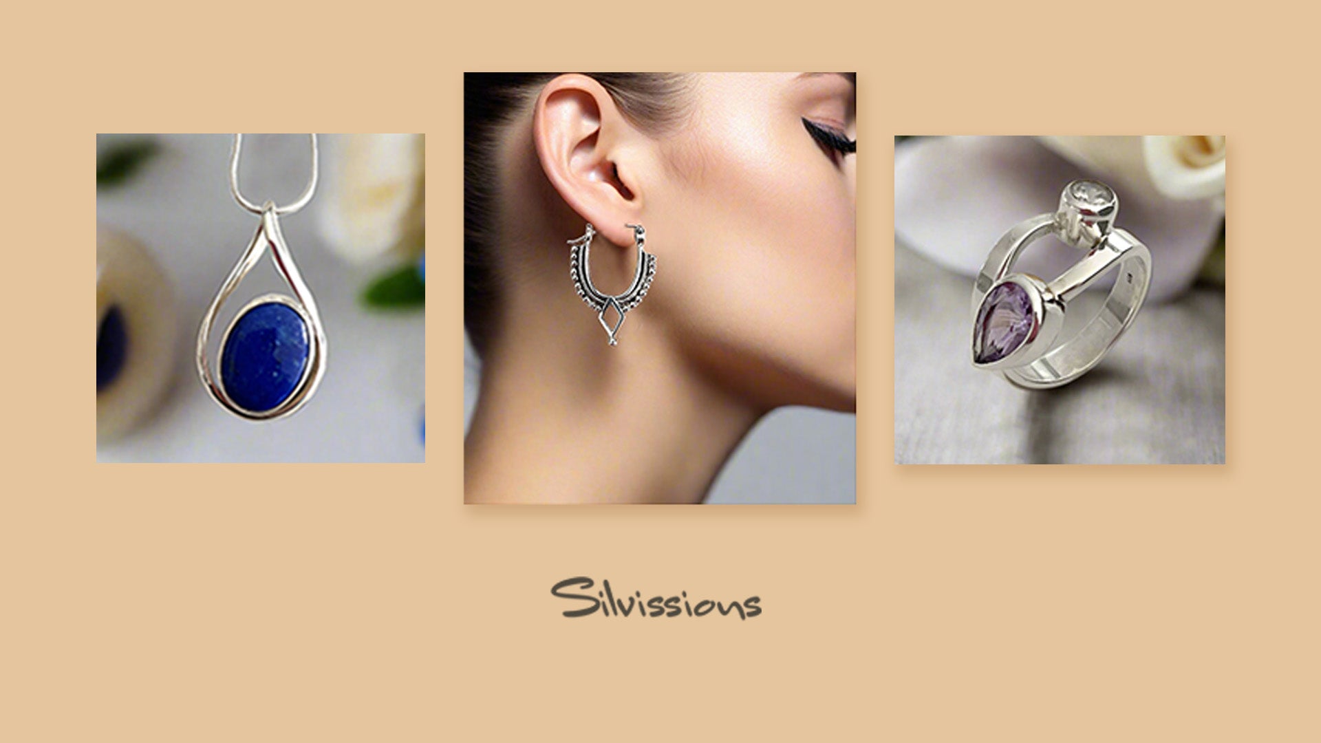 Jewelry display with earrings and pendants on a beige background, featuring the brand 'Silvissions'.