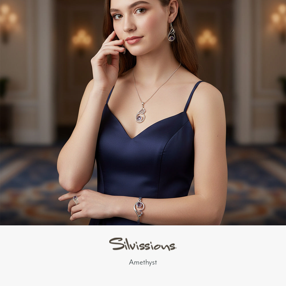 Woman wearing amethyst jewelry with 'Silvissions' branding in an elegant indoor setting