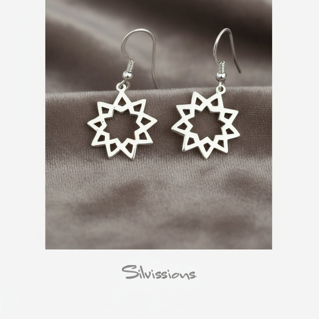 Handmade Sterling Silver Earrings called Nine Point Star Dangles