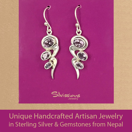 Handcrafted Sterling Silver Dangle Earrings with Three Amethyst Gemstones