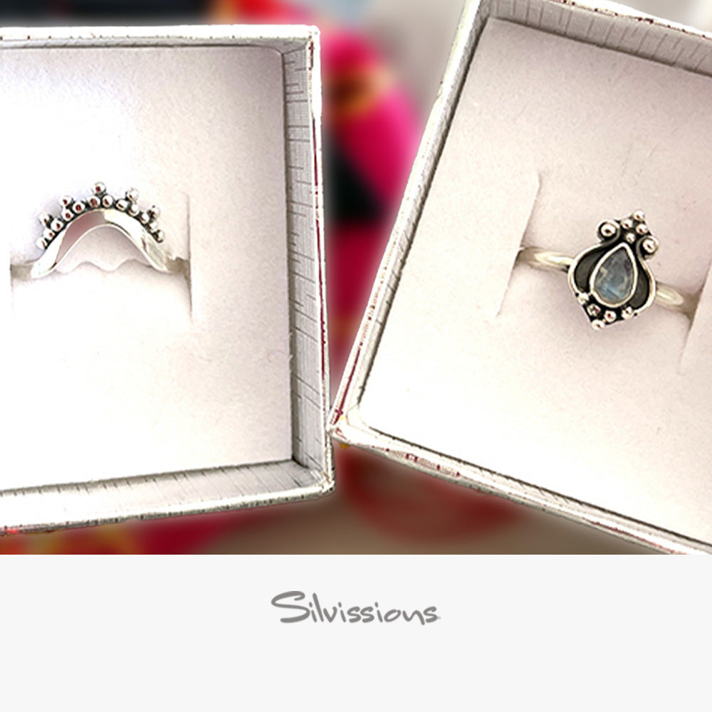 Two silver rings in open boxes with 'Silvissions' branding.