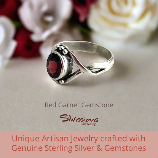 Sterling Silver Ring handcrafted with Red Garnet Gemstone