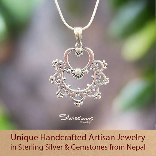 Sterling Silver Necklace - Handcrafted Delicately Detailed Pendant