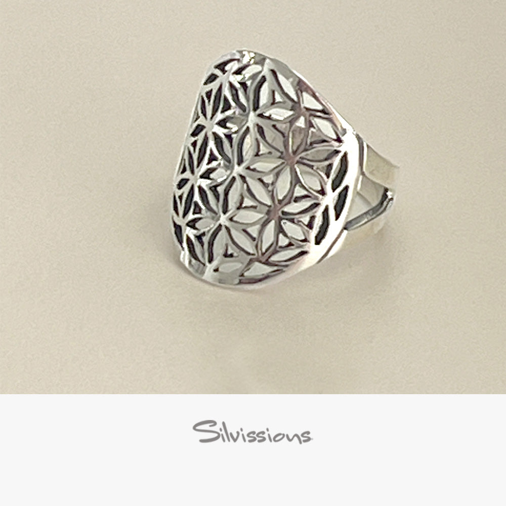 Silver ring with intricate design on a beige background, branded 'Silvissions'.