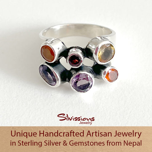 Handcrafted Sterling Silver Ring - Festive Gemstone Ring
