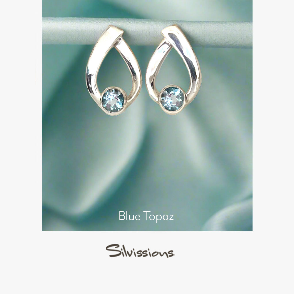 Silver earrings with blue gemstones on a green leaf background, featuring the brand 'Silvissions'.